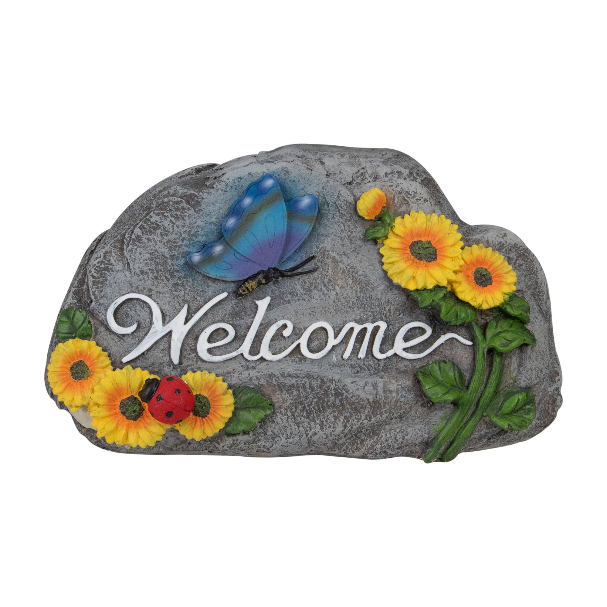 10.5" Gray Spring Butterfly & Sunflower Welcome Outdoor Garden Stone